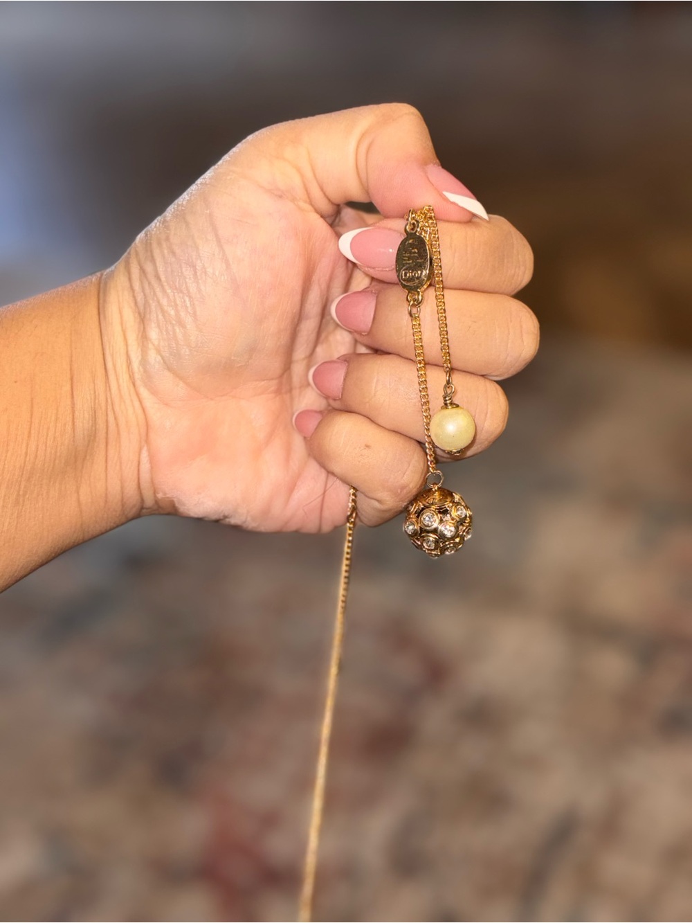 Christian Dior Gold Tone Crystal Ball & Faux Pearl Necklace — READ